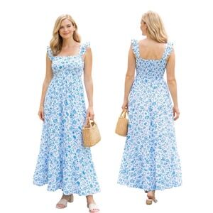 Draper James Blue Paisley Floral Smocked Maxi Dress M Southern Garden Party
